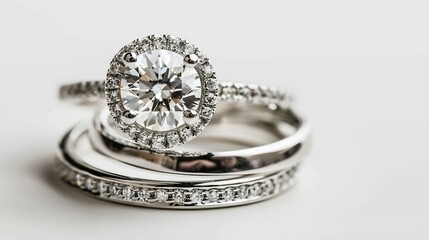 Generative AI : Wedding beautiful shiny jewellery white gold rings with diamonds isolated on white background