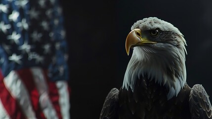 Naklejka premium Generative AI : Bald Eagle and American flag with copy space.