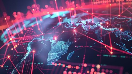 Fototapeta premium Global network concept visualized on a world map, Africa prominent, threads of digital communication enveloping earth