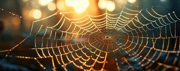 A spider web glistens with dew drops in the early morning light, creating a mesmerizing pattern against a soft sunrise background. - obrazy, fototapety, plakaty
