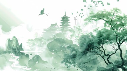 a landscape with pagoda and green mountain illustration poster background