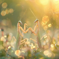 Engaging in a delicate dance amidst glistening morning dew, two praying mantises are illuminated by sunlight filtering through the soft bokeh backdrop. - obrazy, fototapety, plakaty