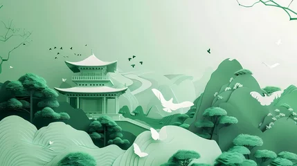 Fotobehang a landscape with pagoda and green mountain illustration poster background © jinzhen