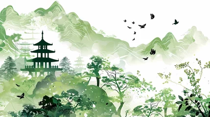 Papier Peint photo Papillons en grunge a landscape with pagoda and green mountain illustration poster background