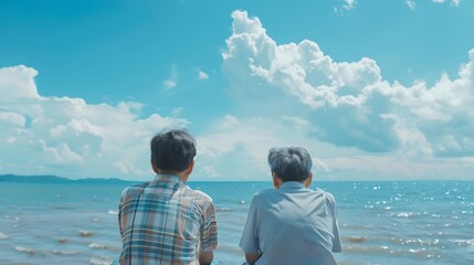 Fototapeta premium Generative AI : Real view of Senior retirement age and son sitting with ocean background. 