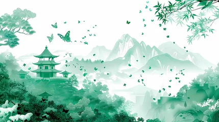 Papier Peint photo Papillons en grunge a landscape with pagoda and green mountain illustration poster background