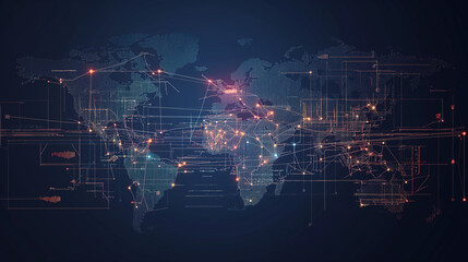 Fototapeta premium Abstract telecommunication world map with circles, lines and gradients.