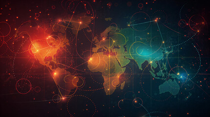 Abstract telecommunication world map with circles, lines and gradients.