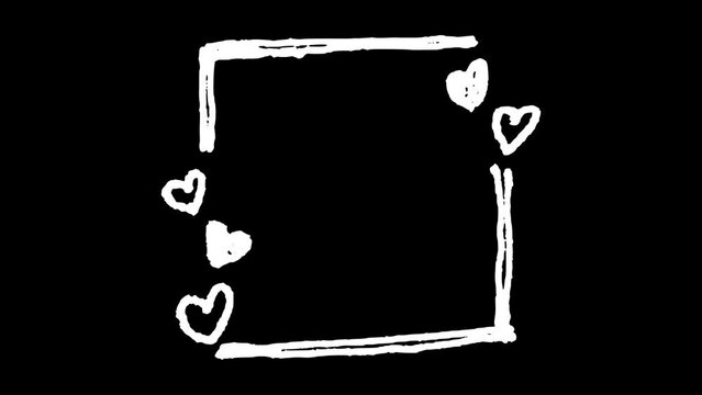 White wiggly hand drawn square frame with hearts decoration doodle overlay animation     