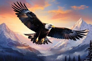Eagle flying in the mountains. 3d render illustration, AI Generated