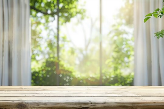 Fototapeta Empty of wood table top on blur of curtain with window view green from tree garden background.For montage product display or design key visual layout. generative ai.
