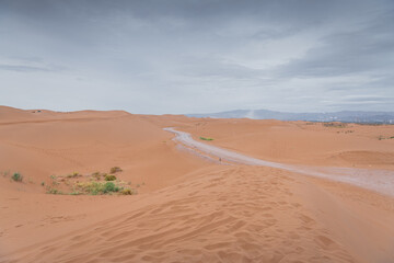 Fototapeta na wymiar The road going through the Gobi desert in Inner Mongolia, China