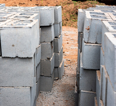 Building blocks stacked up at a construction site in Ibadan, Nigeria -  March 2024.