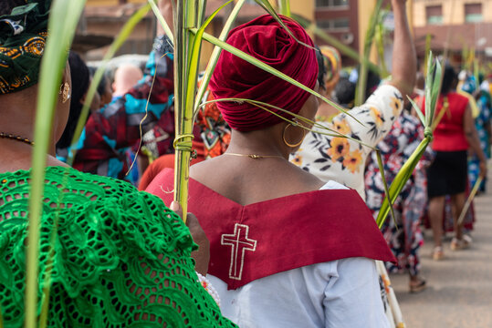 Women holding palms as Members of ST. Mary Cathedral participates in a Palm Sunday procession in Ibadan, Oyo, Nigeria on Sunday, March 24, 2024.