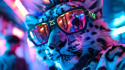 Anthro Snow Leopard Rocks Edgy Sunglasses and Punk Fashion Under Neon Lights in Dynamic Low Angle Shot Generative ai - obrazy, fototapety, plakaty