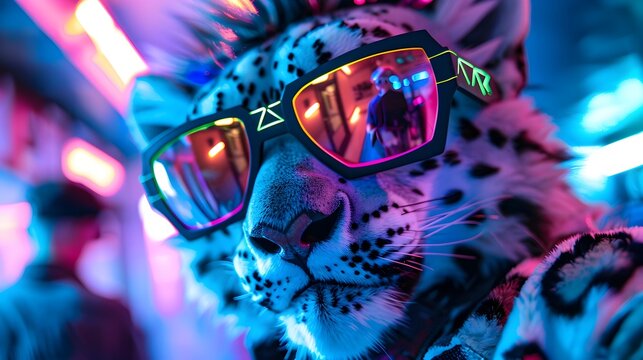 Anthro Snow Leopard Rocks Edgy Sunglasses and Punk Fashion Under Neon Lights in Dynamic Low Angle Shot Generative ai