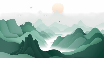 Digital white and green minimalist mountains and rivers illustration abstract graphic poster web page PPT background