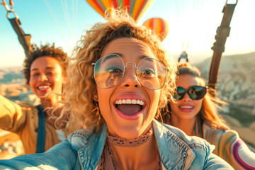 Three happy friends with expressions of joy and amazement take a selfie during an exciting hot air balloon ride. - obrazy, fototapety, plakaty