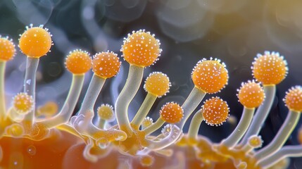 Cluster of spores at the tip of a fungal hypha ready for dispersal and reproduction. - obrazy, fototapety, plakaty