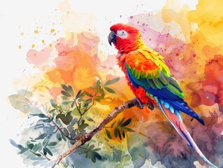 A colorful parrot perched on a watercolor tropical branch