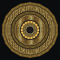 Beautiful gold ethnic greece ancient style round mandala pattern. Vector ornamental circle mandala with radial golden greek key meanders. Modern patterned design. Trendy ornate decorative ornaments - 780995593