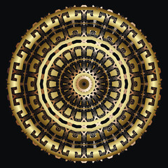 3d Beautiful gold ethnic greece ancient style round mandala pattern. Vector ornamental circle mandala with surface golden greek key meander. Modern patterned design. Trendy ornate decorative ornament - 780995599