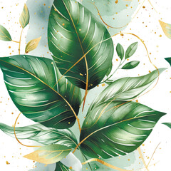 Watercolor botanical foliage seamless artistic pattern with tropical plants, leaves, branches, gold lines, spots. Vector leafy painted beautiful background. Floral pattern design with tropical plants - 780995714
