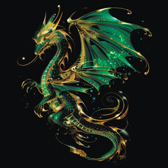 3d Gold green glittery ornamental flying dragon pattern background illustration with glowing blinking, glitter. Shiny beautiful textured dragon pattern for tattoo, emblem, logo, prints, design, decor