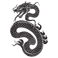 Happy Chinese new year 2025 Zodiac sign, year of the Snake. Black and white ornamental textured chinese snake silhouette. Hand drawn ornate decorative trendy design for cards, calendars, prints - 780995720
