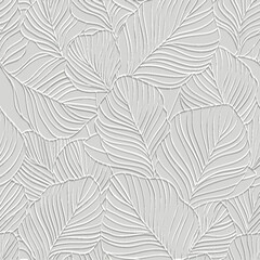 Line art Leafy emboss textured surface white 3d seamless pattern. Embossed relief leaves vector background. Beautiful repeat botanical grunge backdrop. Foliage ornaments with leaves. Endless texture - obrazy, fototapety, plakaty