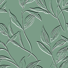 Leafy emboss textured surface green 3d seamless pattern. Embossed relief branches leaves vector background. Beautiful repeat botanical grunge backdrop. Foliage ornaments with plants. Endless texture - 780995729