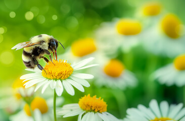 Obraz premium Bee on white daisies flowers, close up macro photography. Yellow, green summer daisy background with copy space for text. Nature bumblebee bokeh banner for mobile web