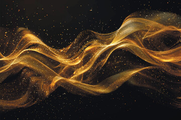 3d Gold wavy flowing lines and golden glitter on black background. Luxury golden flow wave lines glowing pattern with gold spray, sparckles. Shiny glittery ornate modern design. Liquid ornaments - 780995749
