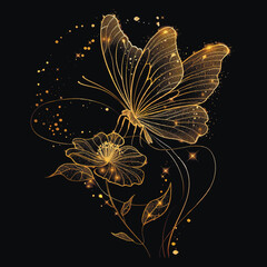 3d Gold glittery lines glowing blooming flower with butterfly. Black vector background illustration with golden line art flower, leaves. Decorative grunge textured shiny luxury botanical pattern - 780995754