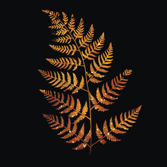 Gold glittery tropical 3d fern branch with leaves, glitters. Textured shiny botanical fern leaves pattern background illustration. Luxury decorative glowing beautiful modern design. Grunge texture - 780995756