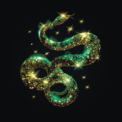 Gold green 3d Glowing glittery blinking ornamental chinese snake with gold glitter. Happy Chinese new year 2025 Zodiac sign, year of the Snake. Luxury ornate decorative trendy surface snake. Element - 780995761