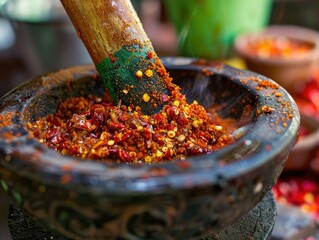 A mortar and pestle grinding chillies into a vibrant - obrazy, fototapety, plakaty
