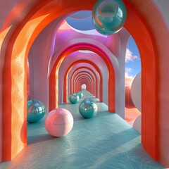 Produce an image featuring an over the shoulder view of a series of balls rolling and bouncing in a whimsical and surreal setting Experiment with perspective and composition 