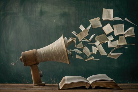 A megaphone made of old books with pages flying out