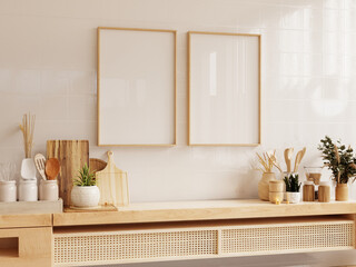 Mockup poster frame in kitchen room interior background,Boho style interior- 3D rendering