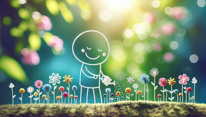 Cheerful Stick Person Tending to Blooming Garden in Soft, Sunlit Landscape