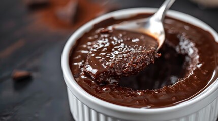 Close-up of a spoon digging into a rich chocolate pudding