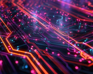 macro shot of a circuit board with glowing neon lines representing data flow in technology