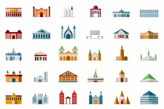 A collection of sleek, minimalistic vector icons representing various buildings in vibrant colors on a white solid background