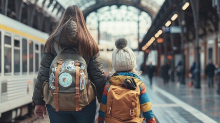 A mother and child walk side by side backs to the camera as they chat and laugh in anticipation of train ride. The child . . - obrazy, fototapety, plakaty