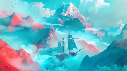 Blue tone mountains and boat illustration poster background