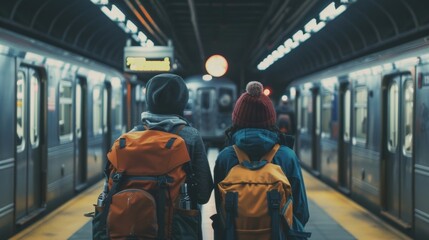 Two young friends with backpacks standing side by side on the platform facing away from the camera eagerly anticipating subway . .