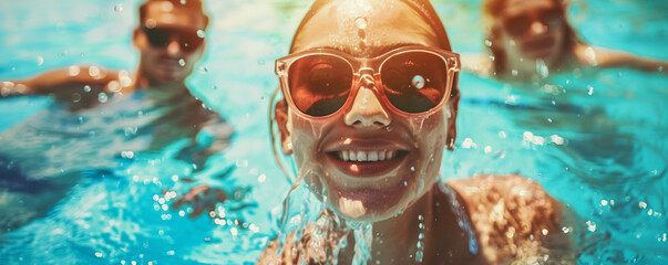 Young adults enjoying a swim together at the pool - obrazy, fototapety, plakaty