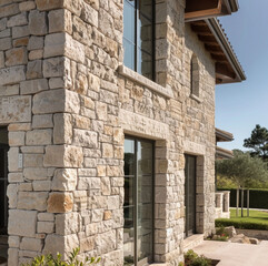 A house with a stone finish that embodies a sophisticated rustic charm seen in contemporary farmhouses. The finish is made up of moderately varied, mostly grey stones with occasional beige highlights