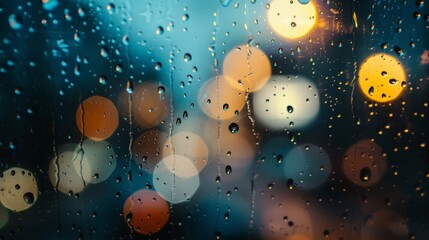 Rain-covered window with numerous lights